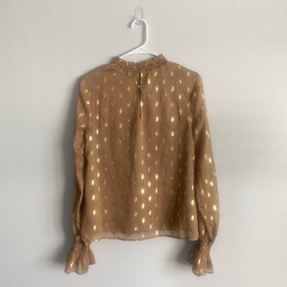 POMANDER PLACE Tan Gold Celeste Blouse Mock Neck Sheer Shimmer Blouse Size Small - Picture 8 of 9